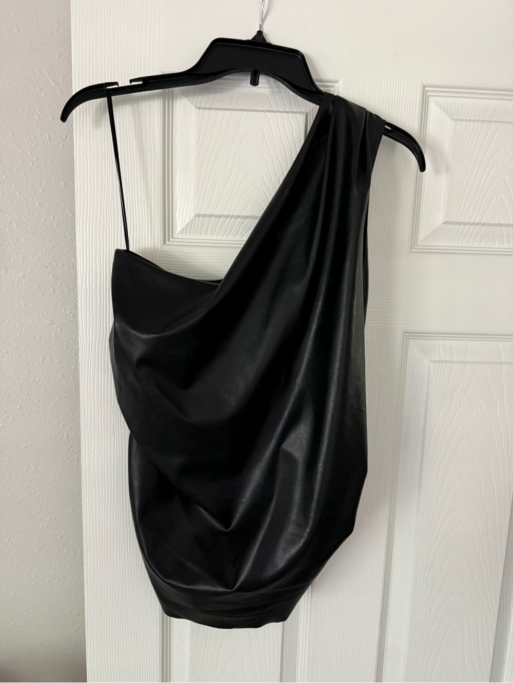 H&M Black One-Shoulder Draped Faux-Leather Top